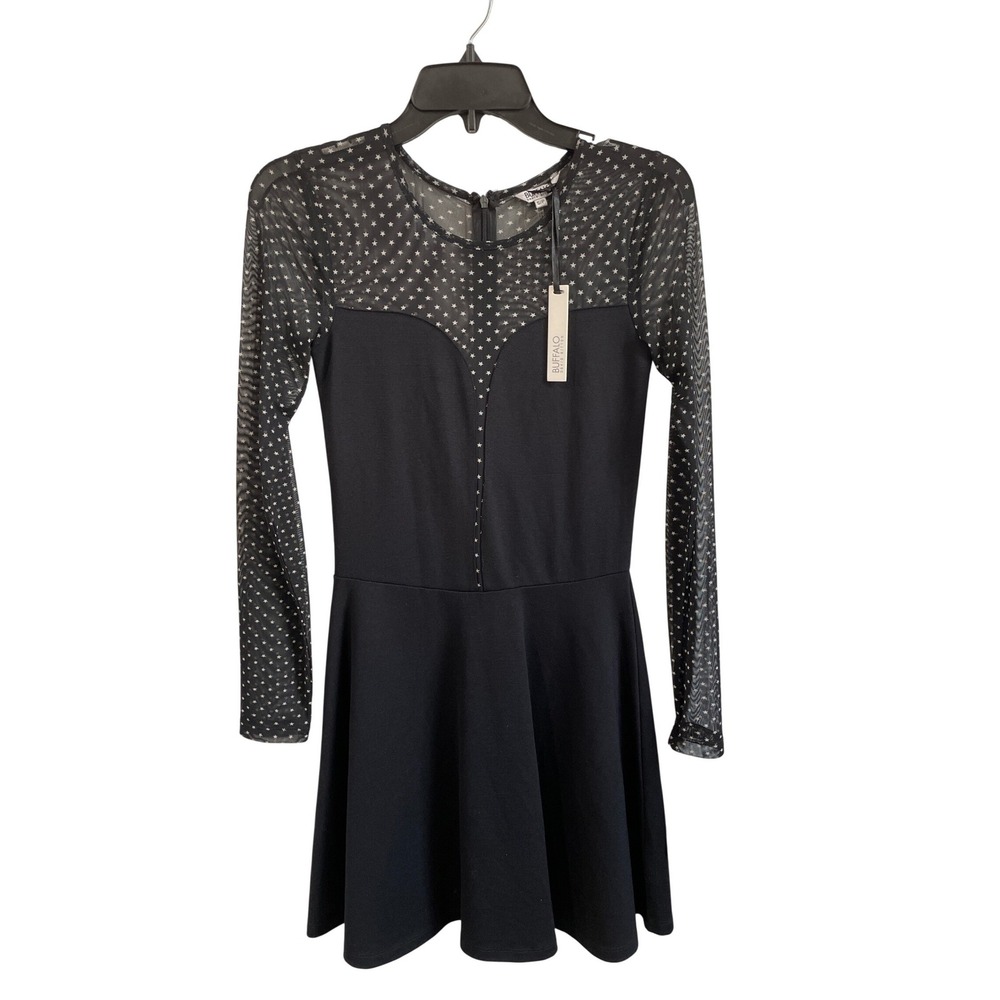 Buffalo David Bitton Arny Star Print Mesh Skater Dress‎ Black Long Sleeve Small